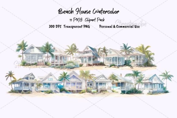 Beach House Watercolor Clipart PNG Pack: A Versatile Design Resource for Creators and Businesses