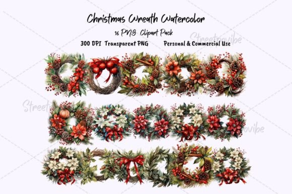 Christmas Wreath Watercolor Clipart PNG