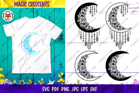 Crescent Moon SVG, Moon Dream Catcher and Magic Decorative Crescent with Flowers, Feathers