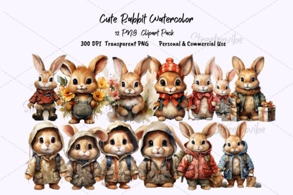 Cute Chibby Rabbit Watercolor Clipart PN: A Versatile Design Resource for Creators and Businesses