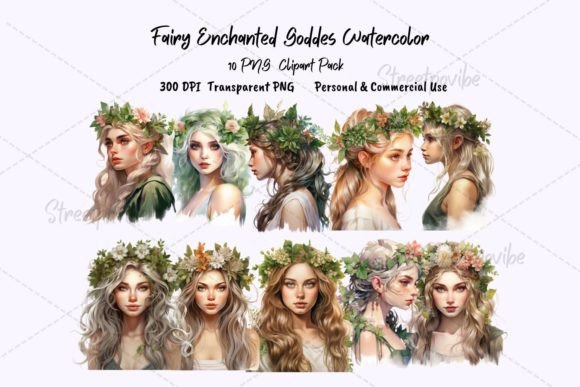 Fantasy Goddess Girl Watercolor Clipart