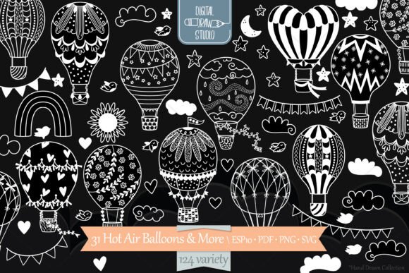 Hot Air Balloons White, Cloud, Rainbow and Hand Drawn Hot Air Balloons Drawings