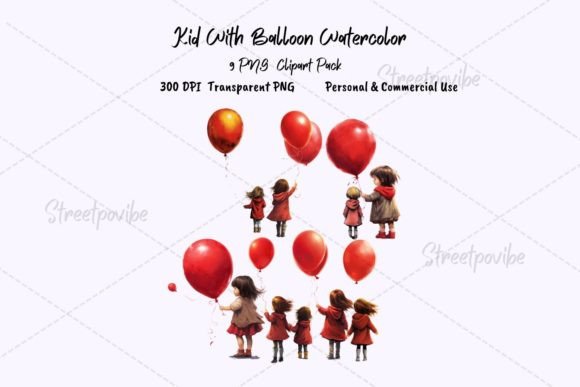 Kid with Balloon Watercolor Clipart PNG: Versatile Digital Art for Every Project