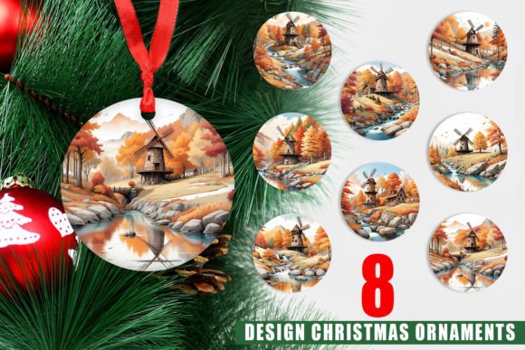 Ornament Autumn Windmill Landscape and Christmas Ornaments PNG: A Creative Print Solution