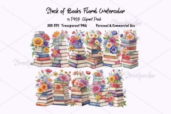Stack of Books Watercolor Clipart PNG