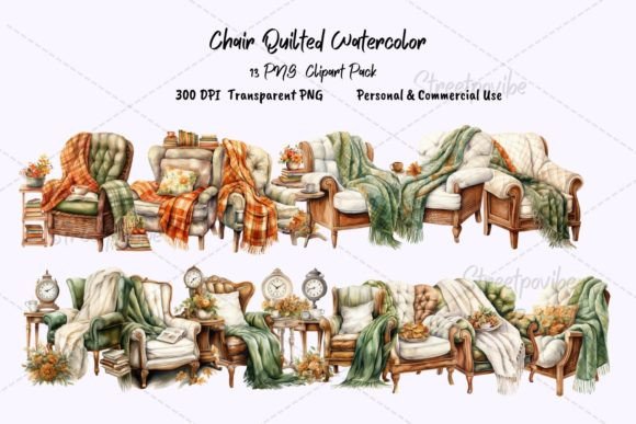 Vintage Cozy Chair Quilted Watercolor
