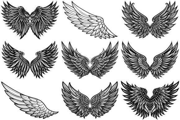 Wings in Tattoo Style Isolated on White