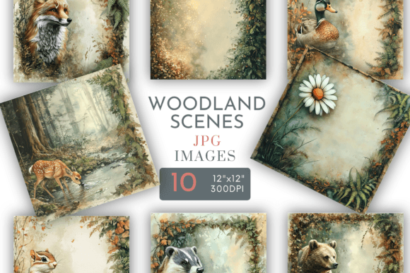 Woodland Square Scrapbook Paper and 10 JPG Images on a Plain Background 12 x 12 300DPI